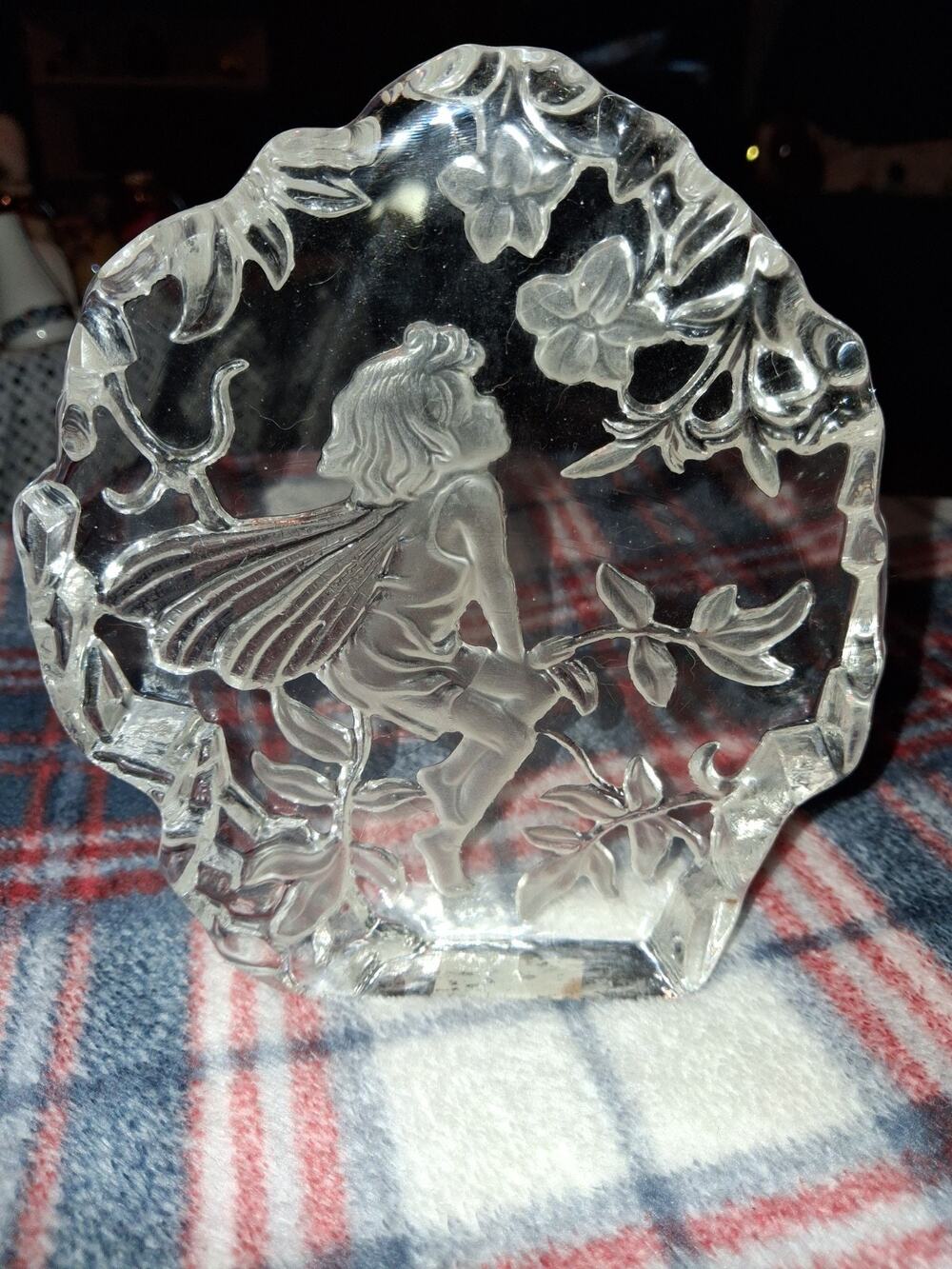 Heavy Vintage Engraved Art Glass Fairy Pixie Paperweight Home Decor